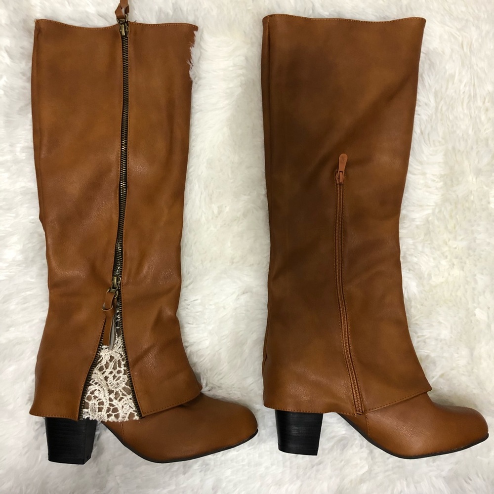 Faux leather brown block heel boots